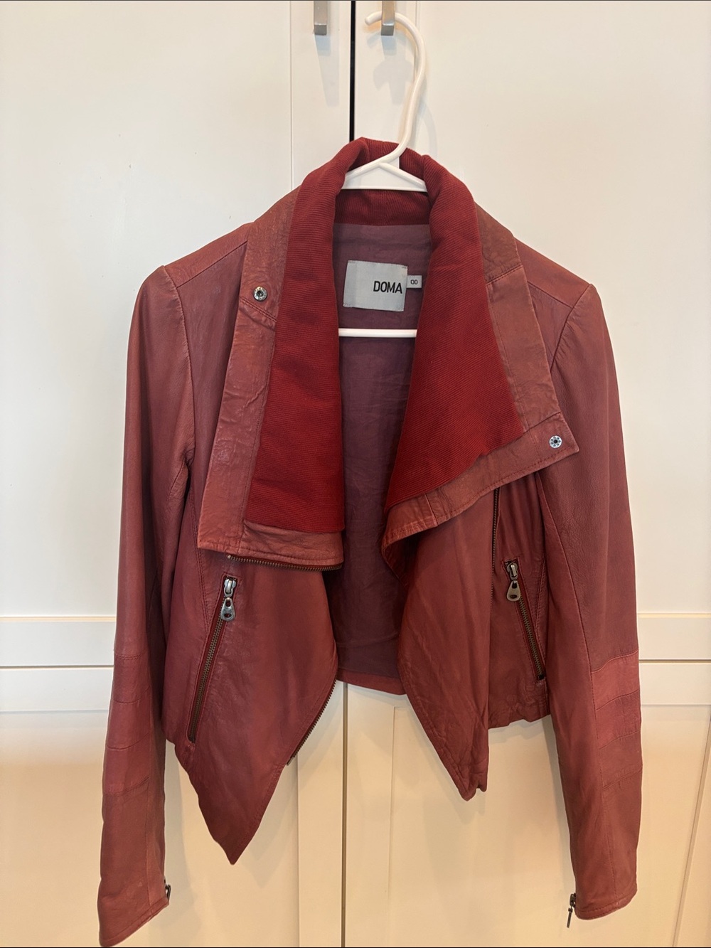 Doma Women's Burgundy Leather Draped Zip Jacket